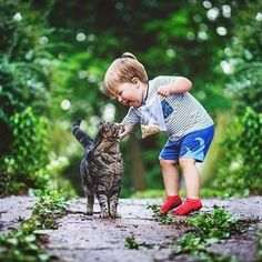 a little boy playing with a cat in the woods