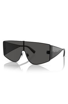 Wide, smoky-tinted lenses provide full sun protection on these on-trend shield sunglasses crafted in Italy from polished metal. 145mm lens width; 17mm bridge width; 145mm temple length 100% UV protection Adjustable non slip nose pads Metal Made in Italy Matte Black Aviator Shield Sunglasses With Uva Protection, Modern Aviator Shield Sunglasses With Mirrored Lenses, Modern Aviator Shield Sunglasses With Metal Frame, Modern Matte Black Aviator Shield Sunglasses, Sleek Matte Black Shield Sunglasses With Mirrored Lenses, Modern Metal Frame Aviator Sunglasses, Modern Shield Sunglasses With Gradient Lenses In Matte Black, Modern Aviator Shield Sunglasses With Uva Protection, Modern Rimless Shield Sunglasses With Mirrored Lenses