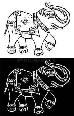 an elephant with patterns on it's body, and the image is in black and white