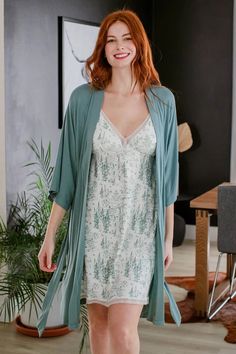 Iris Bamboo Women's Nightgown by YALA | Sustainable Sleepwear Green V-neck Nightgown For Bedtime, Solid V-neck Nightgown For Bedtime, Casual V-neck Lace Trim Nightgown, Men's Bedding, Feminine Lace Trim V-neck Nightgown, Casual V-neck Nightgown With Lace Trim, Luxury Sleepwear, Lace Nightgown, Nightgowns For Women