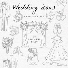 wedding icons hand drawn set on white paper