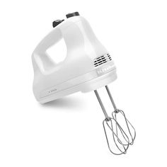 an image of a white kitchen mixer on a white background with the whisk attachment attached