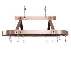 a pot rack with hooks hanging from it