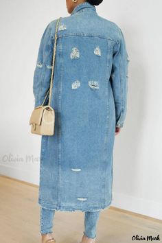 Olivia Mark - Beautifully Crafted Long Sleeve Cardigan in Blue Denim Casual Classy Outfits, Denim Style Casual, Long Denim Jacket, Jeans Outfit Fall, Metallic Jeans, Longline Cardigan, Denim Patterns, Collar Cardigan, Cardigan Sweater Dress