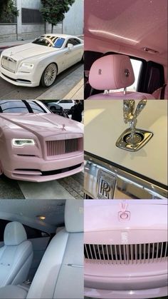 pink and white rolls royces are parked on the street