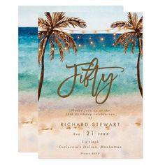 wedding card with palm trees on the beach