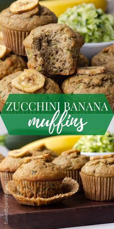 zucchini banana muffins are stacked on top of each other