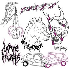 an image of various tattoos on the side of a car and a bear with horns