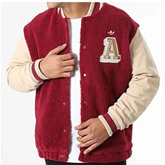 Adidas Originals Varsity Jacket Trefoil Logo On Chest Snap Closure Size Small Unisex See Pictures For Measurements L1 Beige Winter Outerwear For College, Casual Burgundy Winter Outerwear, Brown Winter College Outerwear, Brown Winter Outerwear For College, Fall Beige Outerwear For College, Red Outerwear With Ribbed Cuffs For Fall, Brown Varsity Outerwear For Winter, Red Varsity Outerwear For Fall, Red Outerwear For College In Fall