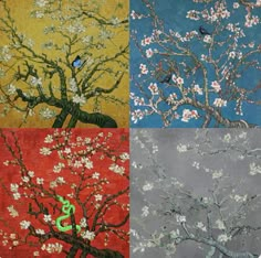 four different types of trees with flowers and birds on them, all painted in various colors