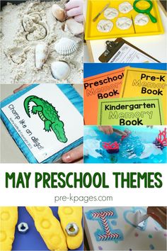 many different pictures with the words may preschool themes in green and yellow, on top of them