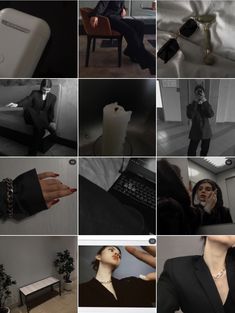 a collage of photos showing women in black outfits and accessories, including a woman with her hand up to her face