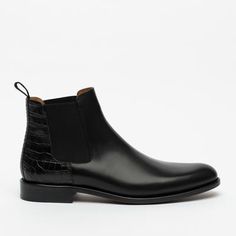 Would you rock a little alligator skin?  Fresh take on a Chelsea boot from Taft!  #taft #weartaft #boot #boots #chelseaboot #leatherboots #mensboots #bootseason Taft Boots, Taft Shoes, Black Leather Chelsea Boots, Favorite Boots, Mens Black Leather, Unique Shoes, Leather Chelsea Boots, Midnight Black, Winter Accessories