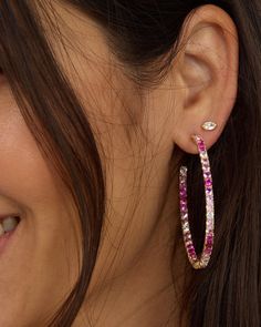 Ombré all day! We’re head over heels for our ombré pink sapphire stones! At any size the Heiress Hoops are easy and classy to put on and layer for a chic look. But in the 2” size and in a stunning gradient of simulated pink sapphire colors, the Heiress Hoops are perfect for ANY occasion. DETAILS: Hoop Earrings 2" diameter Sold as a pair Earring backs included SKU: E7088 MATERIALS: 18k Gold Plated Over Brass Stone: 3mm Simulated Pink Sapphire Melinda Maria Jewelry, Melinda Maria, Sapphire Stones, Pearl Necklace Earrings, Sapphire Color, Head Over Heels, Sapphire Stone, Pink Ombre, Earring Backs