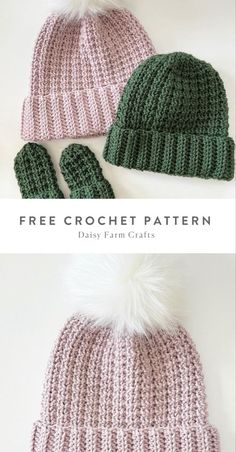 two crocheted hats with pom - poms are shown in different colors