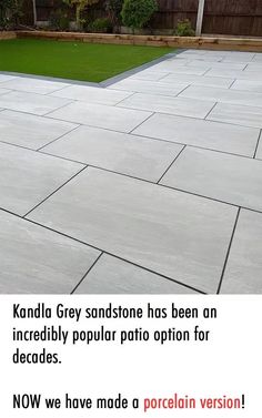 an image of a patio with grass in the background and text describing how it looks like