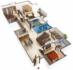 an aerial view of a three bedroom, two bathroom apartment with pool and living room