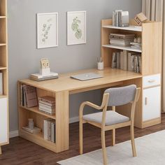 a wooden desk sitting in front of a book shelf with books on top of it