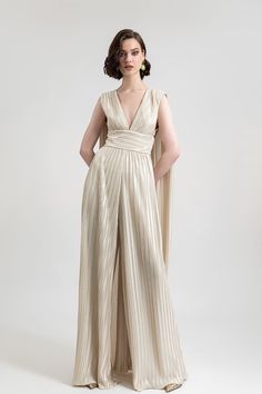 Her Trove -Back cape wide pants jumpsuit Champagne Jumpsuit, Wedding Views, Neutral Jumpsuit, Beige Jumpsuit, Flowy Jumpsuit, Pants Jumpsuit, Jumpsuit Long, Wide Pants, Dress Sleeveless