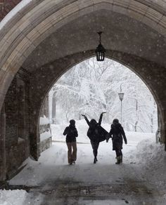 three people are walking under an archway in the snow with their arms up and hands raised