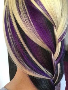 Blonde And Purple, Chunky Highlights, Hair Transition, Peekaboo Hair, Hair Gray, Silver Blonde, Hair Pixie, Blending Gray Hair