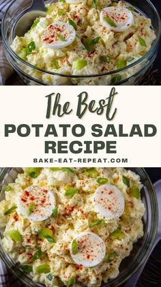 two bowls filled with potato salad and topped with hard boiled eggs