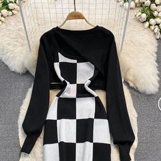 Materials: other Size: one size Color: coffee, black Black Two-piece Style Dress For Winter, Black Fake Two-piece Dresses For Winter, Black Fake Two-piece Dress For Fall, Chic Black Two-piece Dress, Knitted Blouse, Goth Clothing, Coffee Black, Color Coffee, Suspender Dress