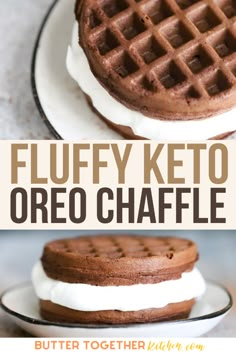 fluffy keto oreo waffles with whipped cream on top