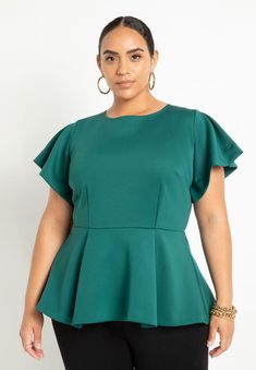 Flare Sleeve Peplum Top | Eloquii Fitted Ruffle Peplum Top With Short Sleeves, Fitted Short Sleeve Ruffled Peplum Top, Fitted Short Sleeve Ruffle Peplum Top, Chic Fitted Peplum Top With Ruffle Hem, Fitted Short Sleeve Peplum Top With Ruffles, Elegant Fitted Peplum Top With Ruffle Hem, Fitted Short Sleeve Peplum Top For Party, Fitted Flutter Sleeve Top With Ruffle Hem, Chic Fitted Short Sleeve Peplum Top