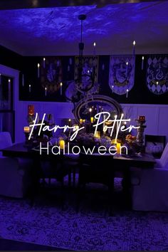 a dining room with purple lighting and decorations on the walls, along with words harry potter halloween written across the table