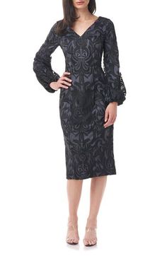 Billowy blouson sleeves and a regal design define the look of this elegant cocktail dress that's ready for your next special occasion. 41" length V-neck Long sleeves Lined Dry clean Imported Long Sleeve Cocktail Dress Nordstrom, Quarter Sleeve Cocktail Dress, Black Dress Cocktail Nordstrom, Long Sleeve Evening Short Dress Macys, Cocktail Dress Nordstrom, Purple Wedding Dress, Hollywood Dress, Wedding Dress Outfit, Elegant Cocktail Dress