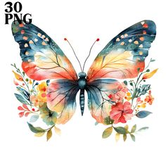 a watercolor painting of a butterfly with flowers on it's wings and the words 30 pag written below