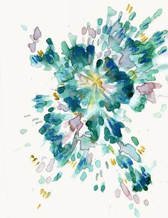 an abstract painting with blue, green and yellow colors on white paper in the shape of a flower