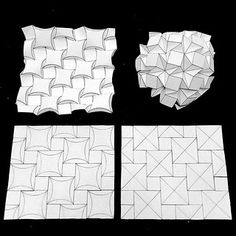 four pieces of paper are shown with different shapes and sizes, including one that has been folded