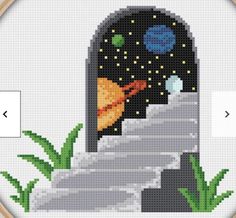 a cross - stitch pattern with an image of a door to another planet and stars in the sky