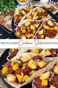 pineapple mango chicken tacos on a black plate