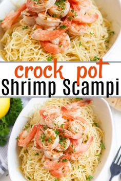 shrimp scampp in a white bowl with lemons and parsley on the side