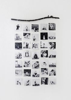 black and white photo collage hanging on wall with clothes pegs attached to it