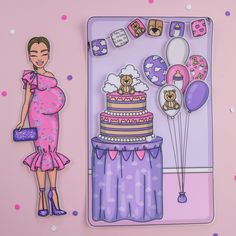 a paper cut out of a pregnant woman next to a cake with balloons and teddy bears on it