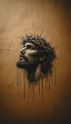 a painting of jesus with dripping paint on it's face and the word jesus above his head