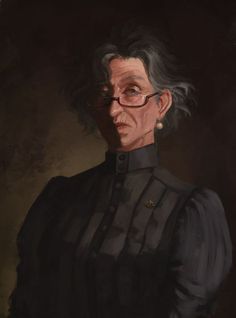 a painting of a woman wearing glasses and a black dress with her hair pulled back