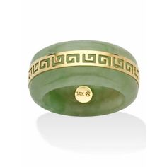 Modern style meets ancient tradition with this green or black jade ring. A highly polished gold "Greek Key" trim swirls around the center. 10k yellow gold accents on Black Jade or 14k yellow gold accents on green jade. As this item contains genuine jade, the actual stone colors may vary slightly. We recommend ordering one size up for this style. 47162RNG Size: 10.  Gender: female.  Age Group: adult. Verde Jade, Jade Rings, Green Rings, Skateboard Art, Jade Ring, Jade Jewelry, Rings Cool, Greek Key, Jade Stone