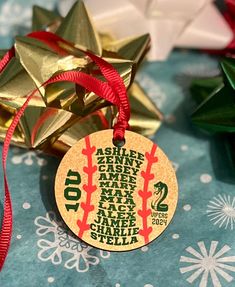 a christmas ornament is on top of some wrapping paper and other holiday decorations