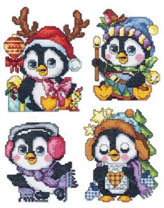 four penguins with hats and scarfs are shown in this cross stitch pattern, one penguin is