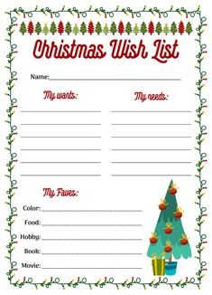 a christmas wish list for kids with presents on the tree and presents in front of it