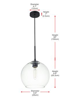 an image of a light fixture with measurements for the bulb and height on white background