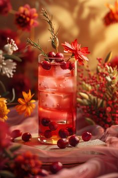 a tall glass filled with ice and cranberries on top of a table next to flowers