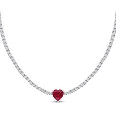 Heart-Shaped Lab-Created Ruby Choker Necklace Sterling Silver 15" | Kay Fine Jewelry Necklace With Prong Setting For Valentine's Day, Classic Gemstone Necklace For Valentine's Day, Classic Gemstone Necklaces For Valentine's Day, Lab-created Ruby Heart Cut Gemstone Jewelry, Heart Cut Lab-created Ruby Gemstone Jewelry, White Round Cut Necklace For Valentine's Day, Valentine's Day Necklace With Round Cut Prong Setting, Round Cut Necklace With Prong Setting For Valentine's Day, Valentine's Day Necklace With Round Cut