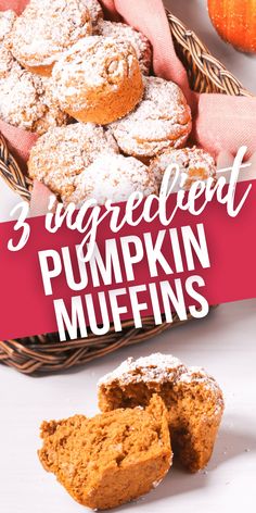 three ingredient pumpkin muffins in a basket with powdered sugar on the top