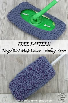 a blue crocheted mop cover with the words free pattern on it and an image of a green mop